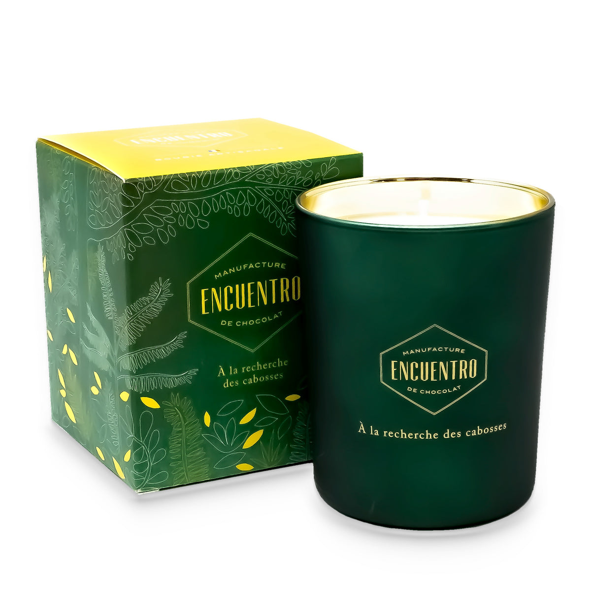 Bougie artisanale Encuentro en pot de verre vert, avec sa boîte cadeau