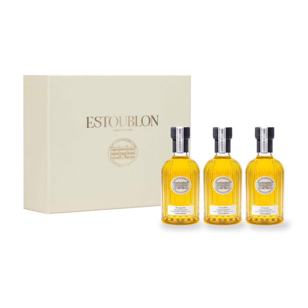 Coffret découverte d’huiles d’olive monovariétales d’Estoublon, trois flacons de 200 ml et leur coffret