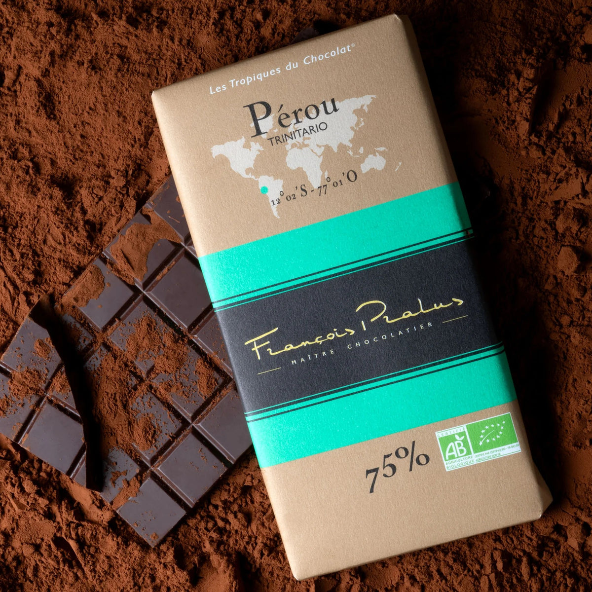 Peru 75% Dark Chocolate Bar by François Pralus on cocoa powder