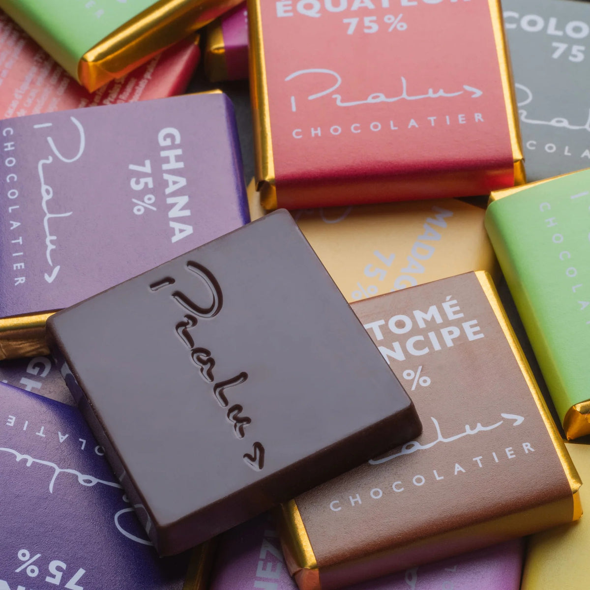 Tropical Chocolate Squares by François Pralus: 5 g squares wrapped in the color of each origin