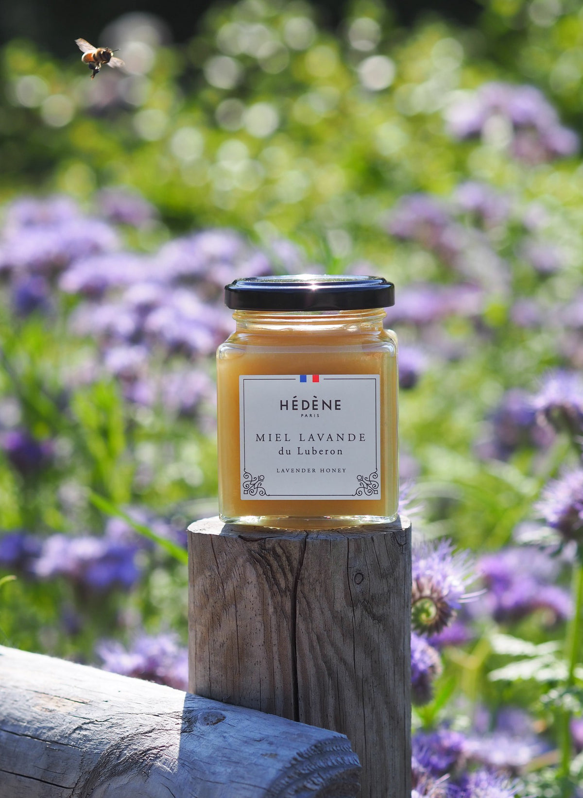 Hédène lavender honey jar on a tree stump among purple flowers, with a bee