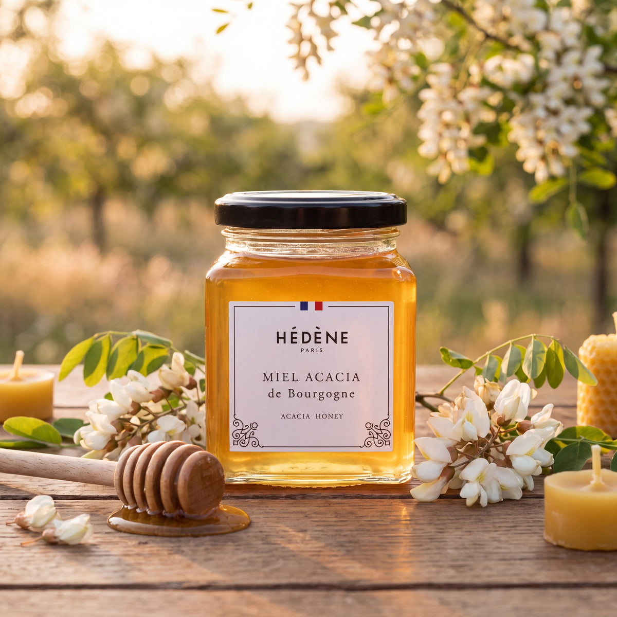 Hédène Burgundy acacia honey jar on a wooden table in a blossoming acacia orchard