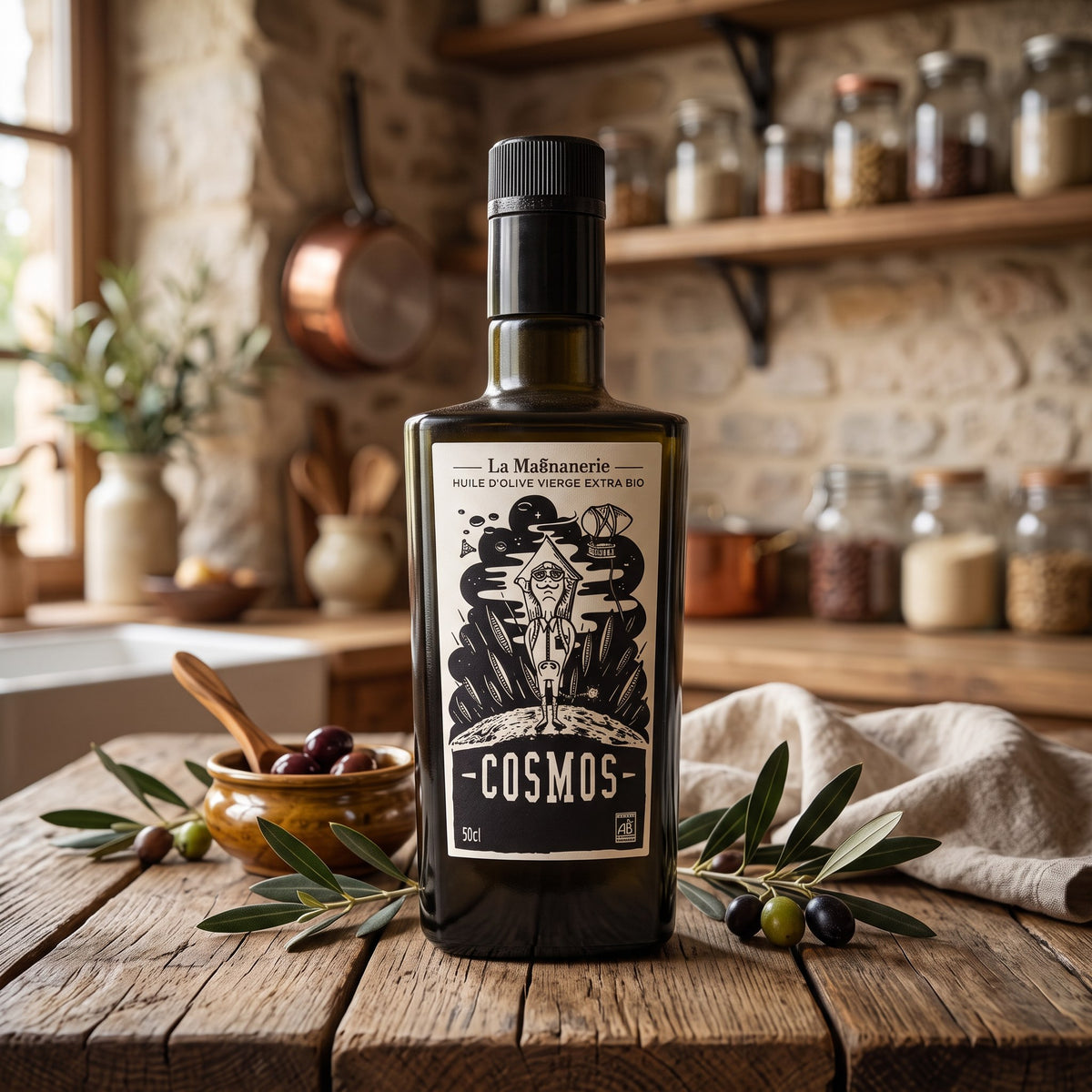 La Magnanerie Cosmos organic olive oil in a Provençal kitchen