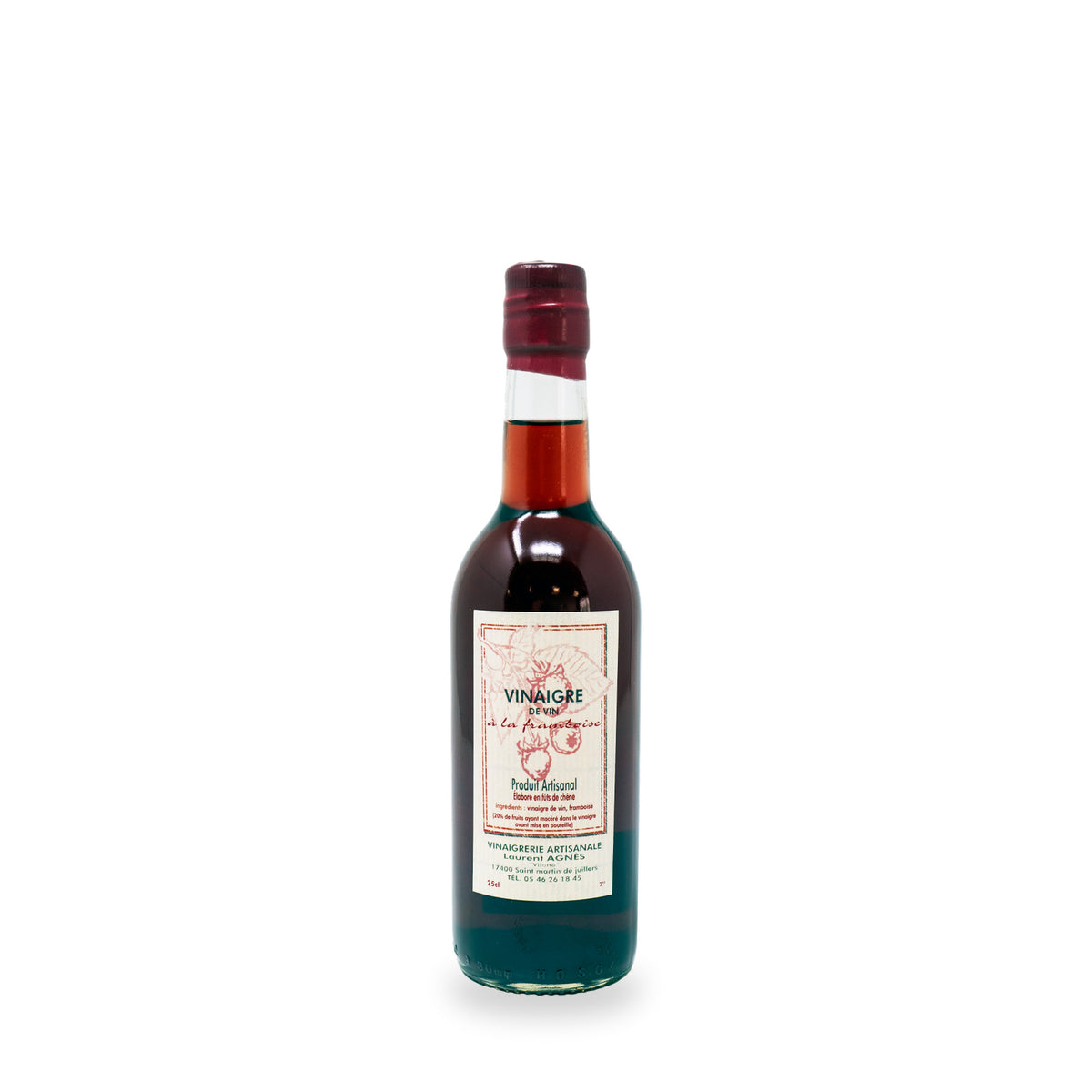 Vinaigre de framboise de Laurent Agnès, bouteille en verre de 250 ml