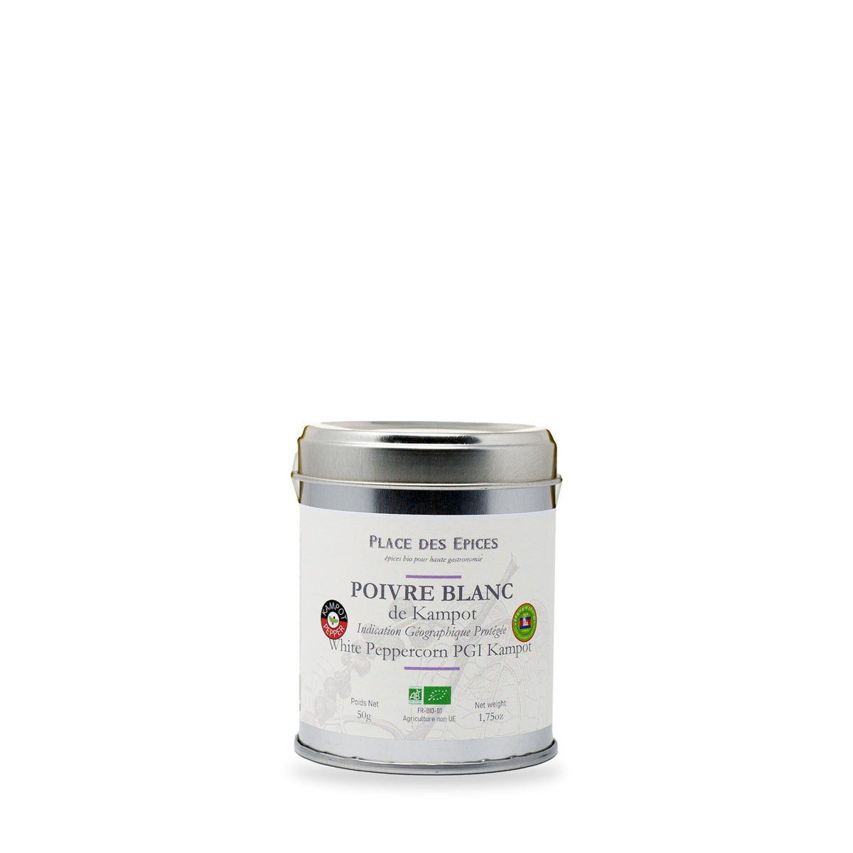 White Kampot Peppercorns by Place des Épices in its tin