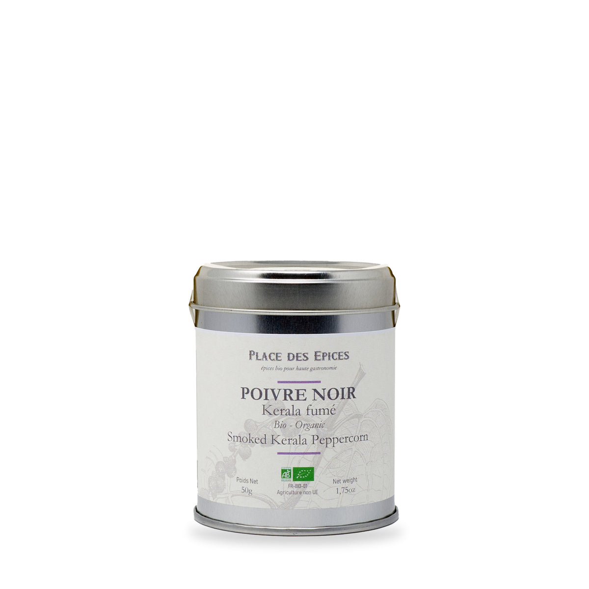 Poivre noir fumé du Kerala Place des Épices, boîte métal de 50 g