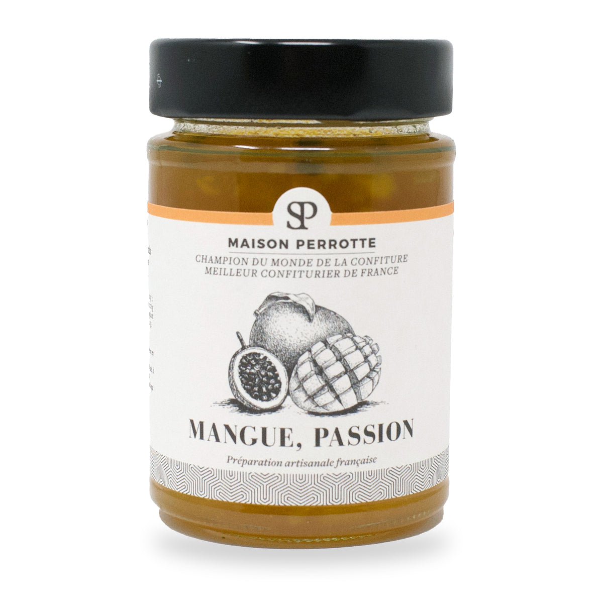 Confiture mangue et fruit de la passion de la Maison Perrotte, pot en verre de 210 g
