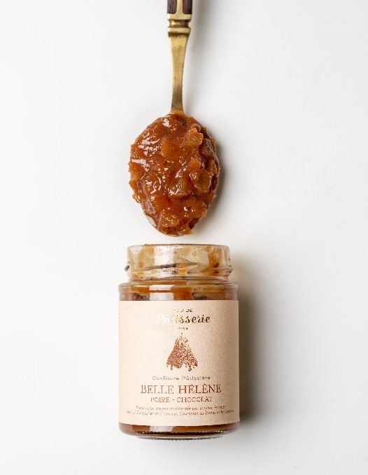 Maison Perrotte Belle Hélène jam beside a pear and chocolate dessert
