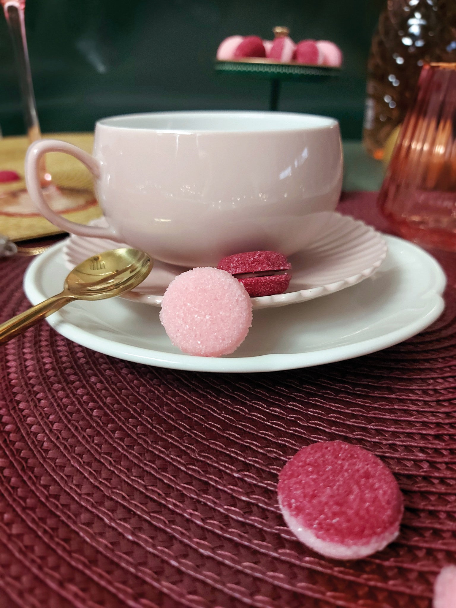 Canasuc Macarons à Paris pink and blackcurrant macaron sugars with a cup of tea