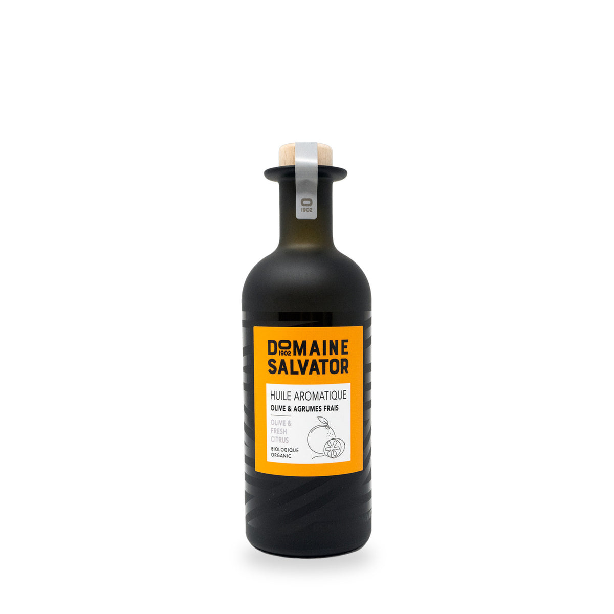 Huile aromatique aux agrumes frais du Domaine Salvator, bouteille en verre de 250 ml