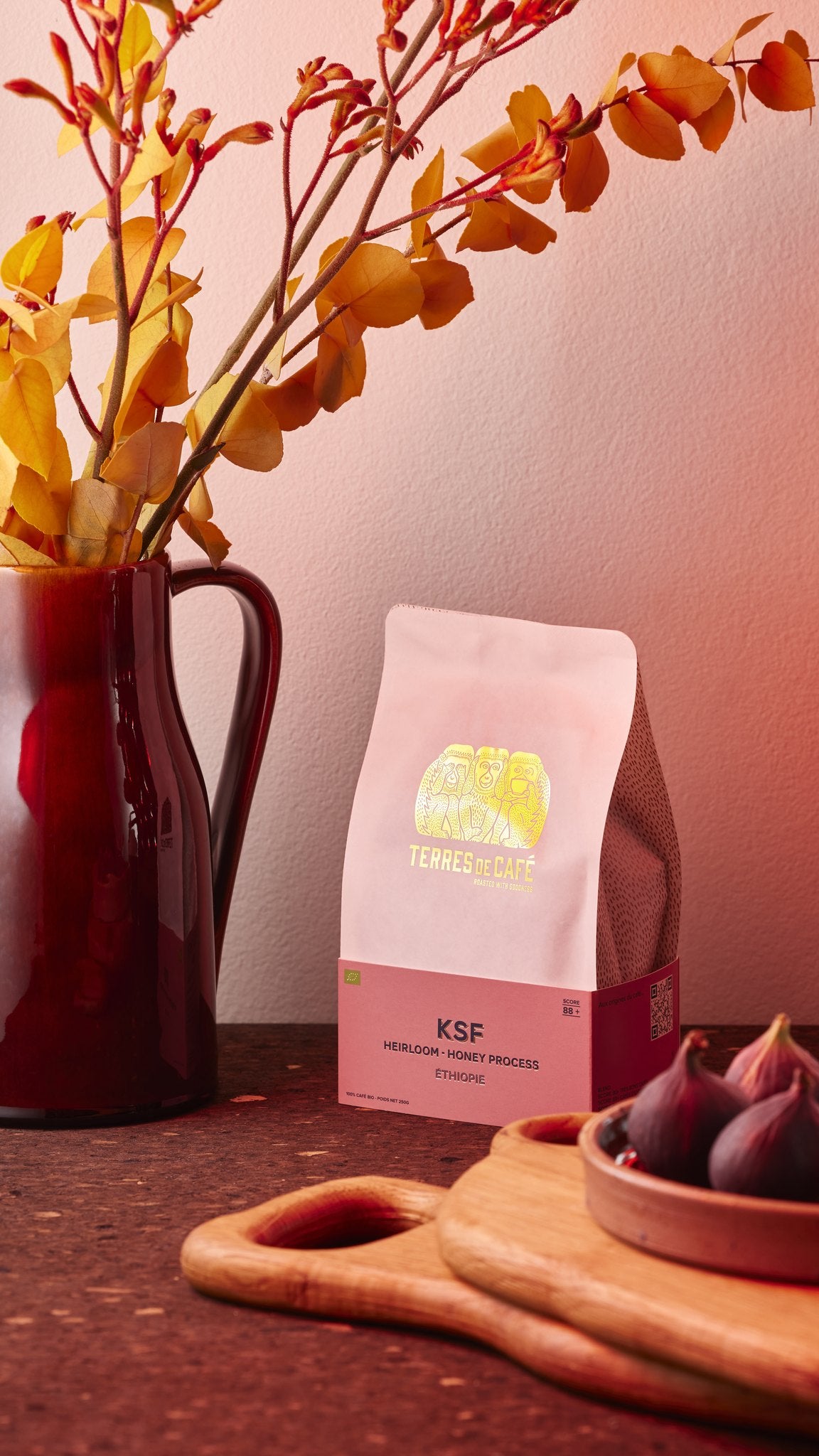 Terres de Café KSF Honey Process coffee with figs and autumn branches