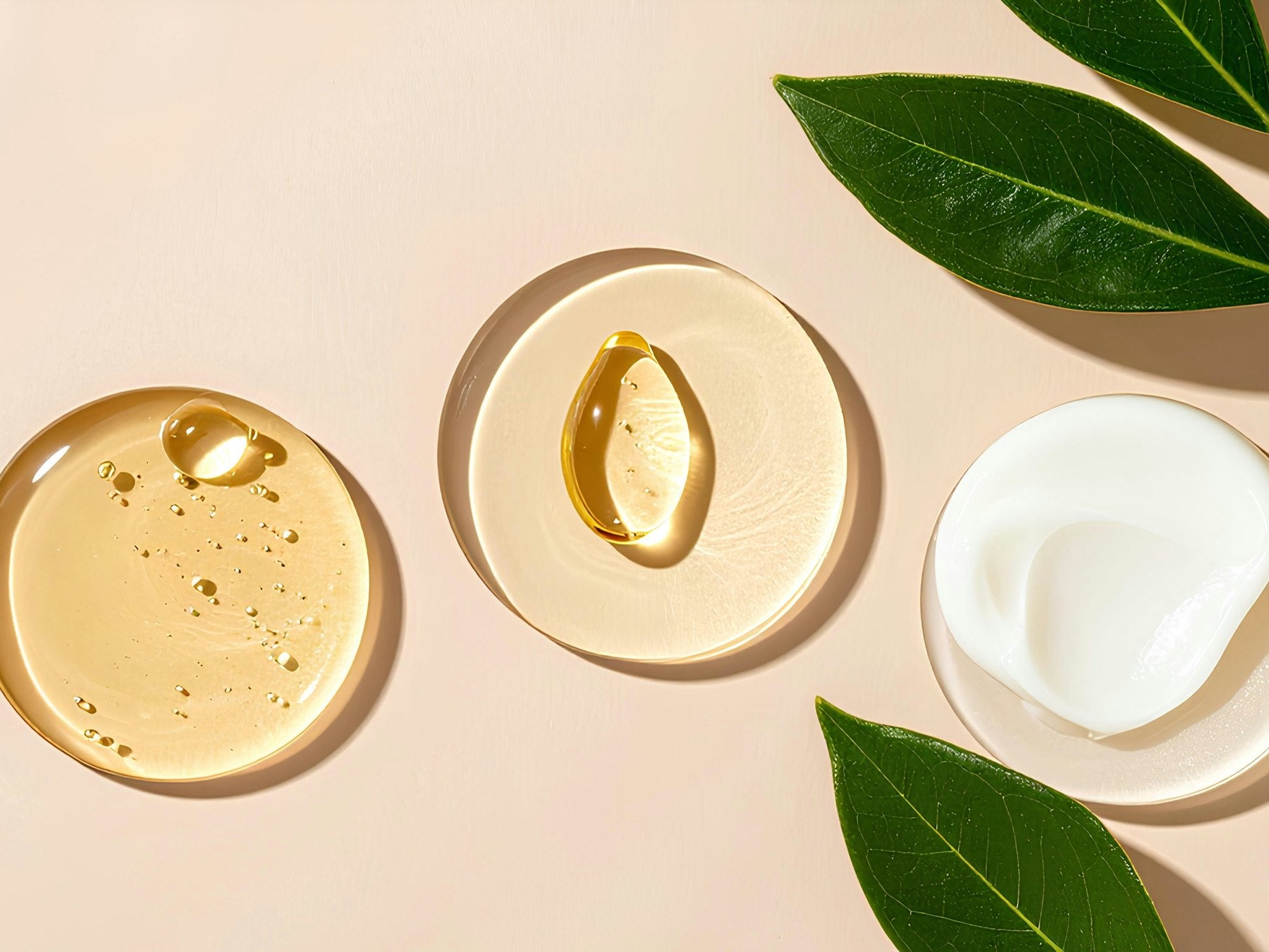 Drops of oil and a swirl of cream on glass dishes with green leaves